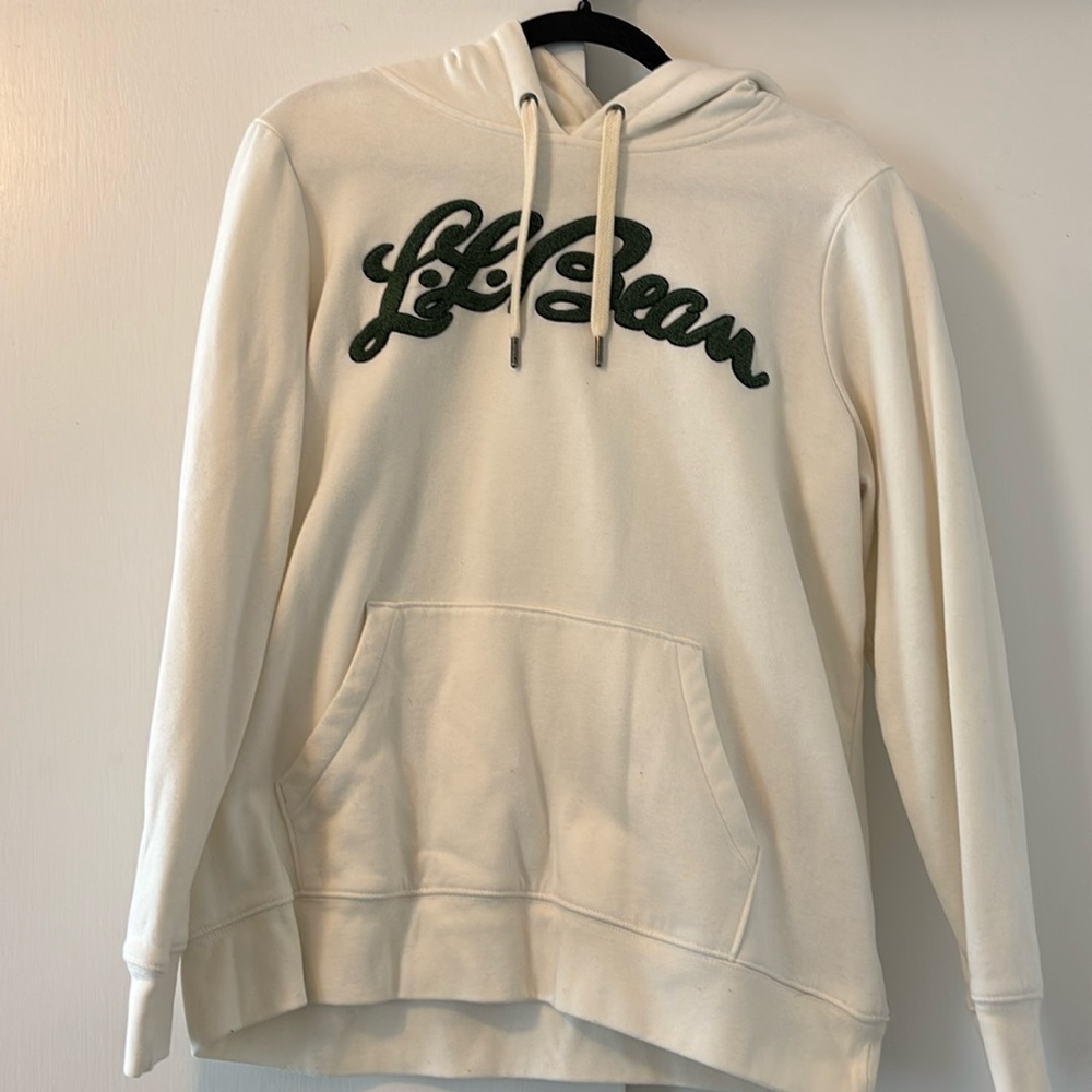 L.L. Bean Cream Hoodie with Dark Green Script Logo